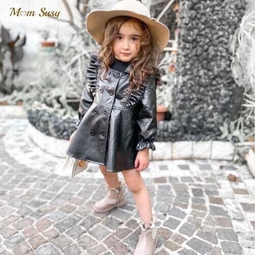 Fashion Baby Girls PU Leather Jacket Ruffle Infant Toddle Trench Coat Kid Windbreaker Spring Autumn Baby Girl Clothes 1-8Y