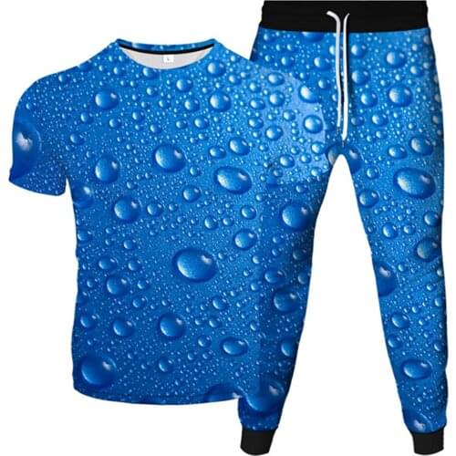 Mens Fashion Sportwear Clothing Suits Colorful Drops Of Water Print Male Tracksuit Homme Plus Size T-Shirt+Jogger Pants 2Pc/Set