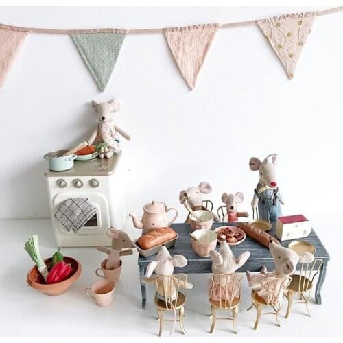 Aizulhomey Vintage Brushed Gold Iron Long Table Chair Set Mouse Kitchen Furniture OB11 BJD Lol Blyth Mini Doll House Accessories