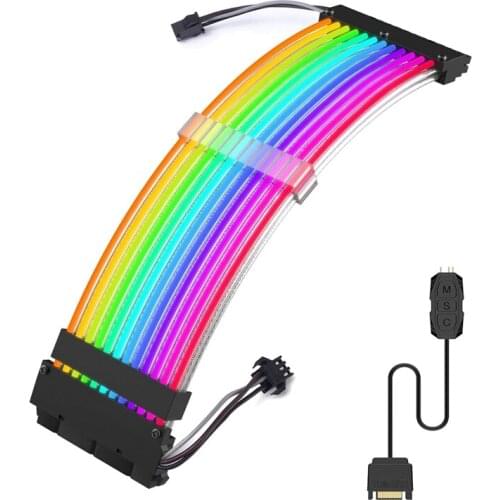 NEW-RGB Extension Power Supply Sleeved Cable 24 Pin ATX for Cable Management