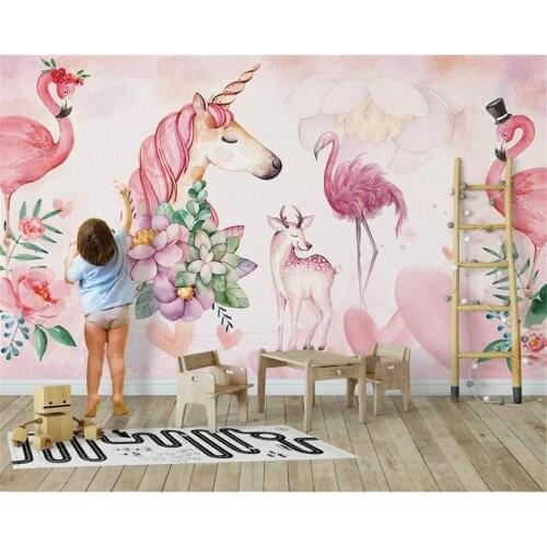 Beibehang Custom size wall paper Nordic pink simple flamingo childrens room decoration background papel de parede 3d wallpaper