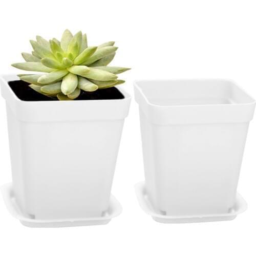 Single square mini white plastic flower pot with tray leakproof home garden office meeting decoration