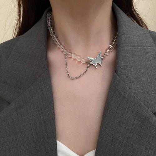 Origin Summer Statement Asymmetric Crystal Silver Color Butterfly Chokers Necklace for Women Fashion Beaded Necklace Jewelry