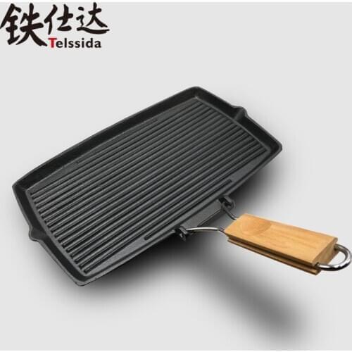 Rectangular thickened cast iron steak barbecue pot uncoated non stick striped frying pan cross pattern frying fish pot