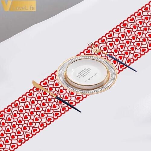 Red Pink Heart Love Table Runners Polyester Party Decoration Valentines Day Wedding Modern Table Lace Fabric Tablecloth Covers