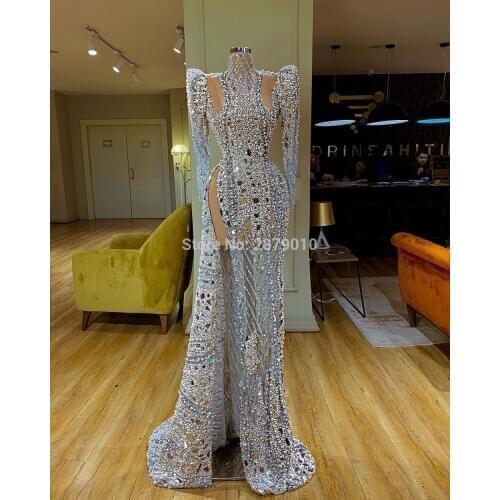 2020 High Neck Mermaid Evening Dress Long Sleeves Floor-Length Slit Beaded Prom Dress Middle East Saudi Arabia Formal Dress