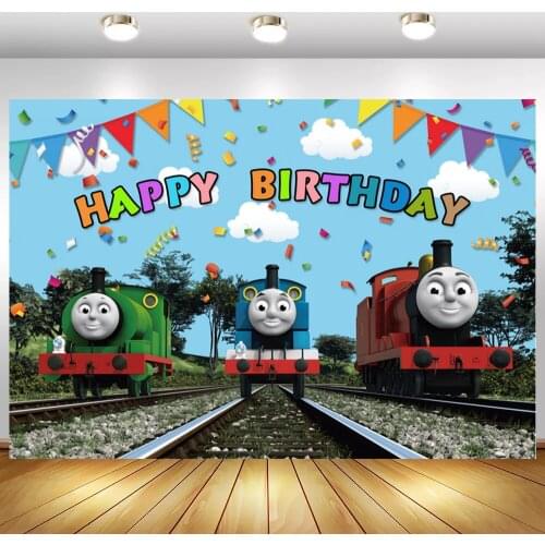 Cartoon Trains Running On Railways Kids Birthday Photo Background Cake Smash Table Decor Blue Sky Family Party Backdrops Vinyl