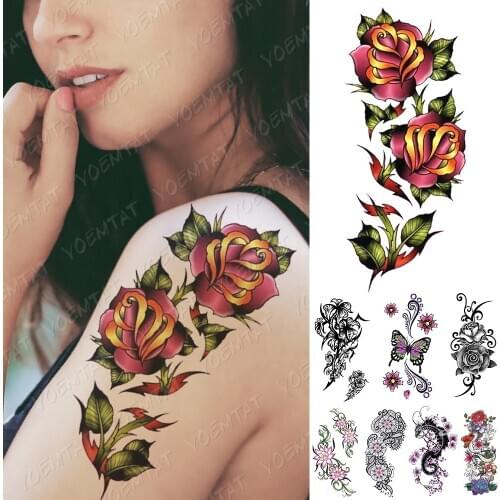 Waterproof Temporary Tattoo Sticker 3D Rose Flowers Flash Tattoos Totem Butterfly Dragon Body Art Arm Fake Sleeve Tatoo Women