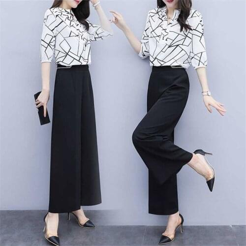 2021 Summer Fashion Office Two Piece Set Outfits Women Striped Chiffon Shirt + Wide Leg Pants Suits Elegant Ladies Women Clothes