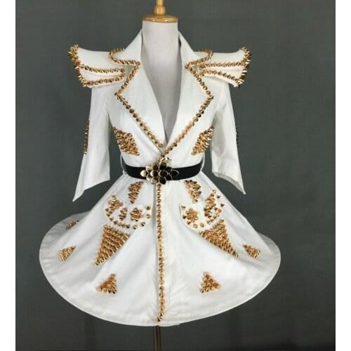 Women Stage Costume White Leather Suit Dress For Singer Clothes Gold Rivets Fluffy Skirt Club Party Dresses Women Outfit VDB2442