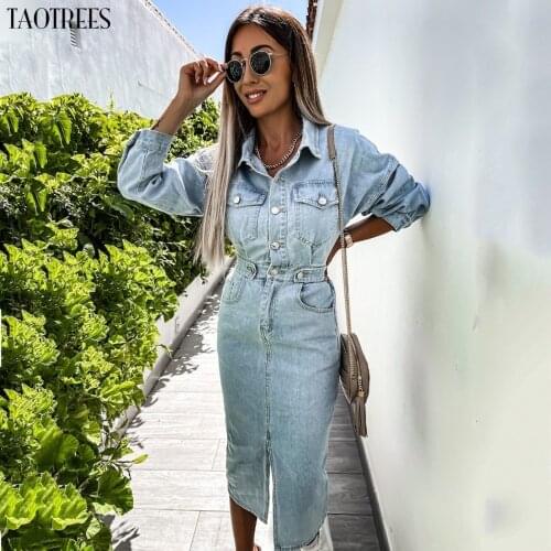 Taotrees Women Denim Dress Spring Autumn Cowboy lining Long package hip Sexy Female Jeans Dresses