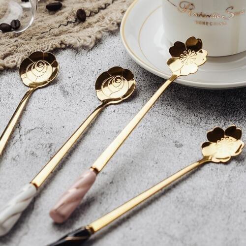 1PC Cute Cherry Blossom Spoon Ceramic Coffee Spoon Long Stirring Spoon Dessert Stainless Steel small Petal Spoon