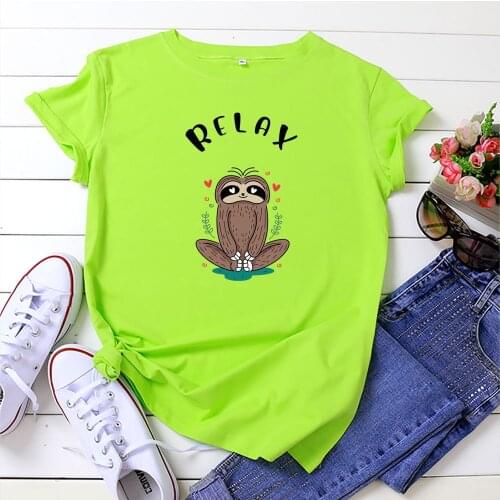 100% Cotton Summer Funny Cartoon Sloth Womens T-shirt O-Neck Harajuku Top Casual Female T shirt Oversized Size S-5XL