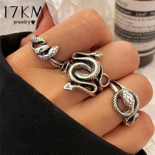 17KM Retro Punk Snake Ring For Men Women Exaggerated Antique Silver Color Opening Adjustable Rings Anillo Hombre Bijoux