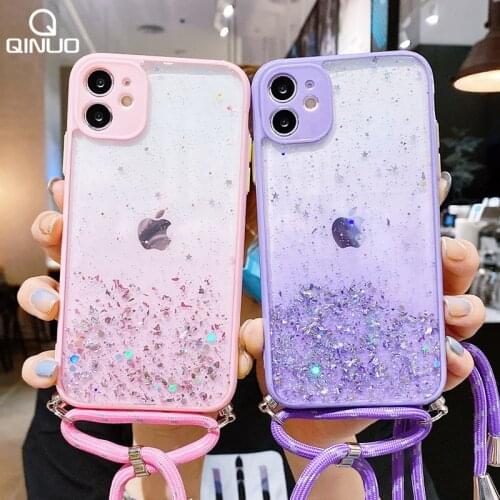 Shining Sequin Lanyard Strap Case For iPhone 12 11 Pro Max X XR XS Max 7 8 6 S Plus Necklace Rope Cord Chain Bling Glitter Cover