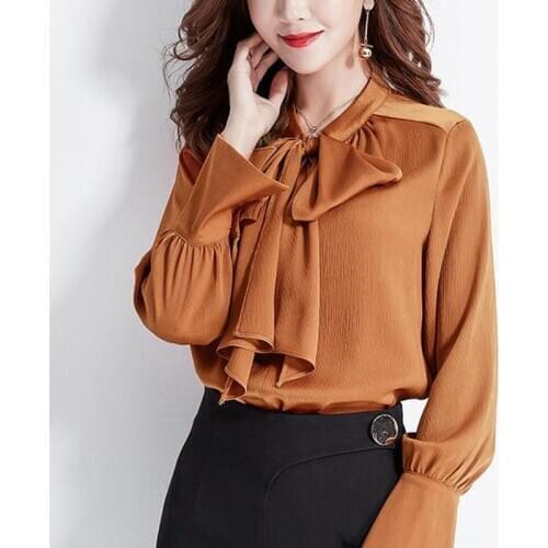 Spring Fall Fashion Office Lady Womens Orange White Black Flare Long Sleeve Bow Chiffon Blouse Shirt , 2019 Autumn Woman Blouses