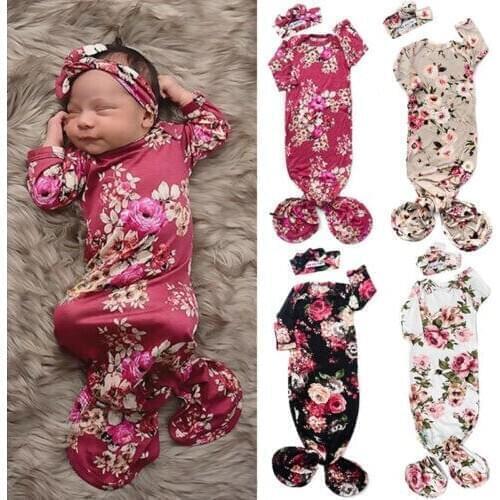 Infant Baby Flower Swaddle Warp Blanket Sleeping Bag Headband Outfit Baby Sleeping Bags