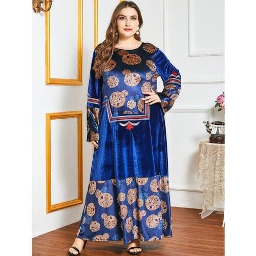 Velvet Long Dress Printed Embroidery Muslim Women O-neck Abaya Ethnic Style Autumn Winter Middle East Dubai Arab Jilbab Fashion
