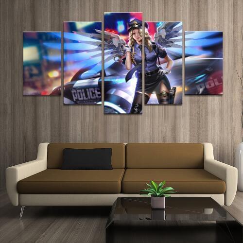Home Decor Poster HD Pictures Prints Canvas 5 Piece Modular Overwatch Mercy Police Officer GAME Living Room Decorative Painting