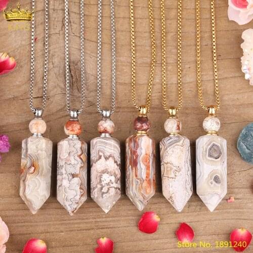 Natural Mexico Agates Stone Hexgaonal Perfume Oil Bottle Pendant Necklace Delicate Women Onyx Stone Point Gold Diffuser Jewelry