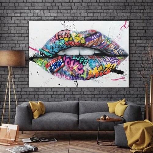 Show Teeth Lips Street Graffiti Canvas Painting on The Wall Posters and Prints Wall Art Picture for Living Room Home Decoration