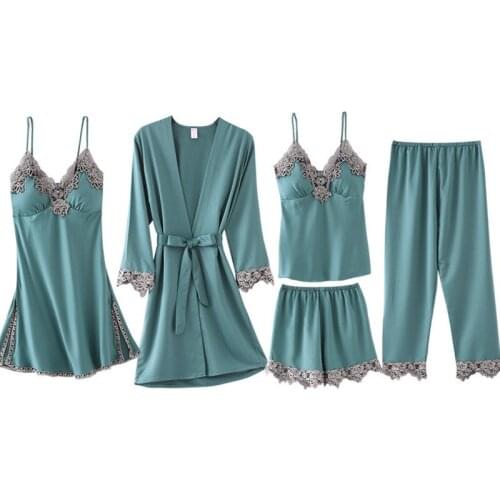 Spring womens home ice silk satin 5-piece home suit luxury suspender nightdress cross border popular Nightgown combination