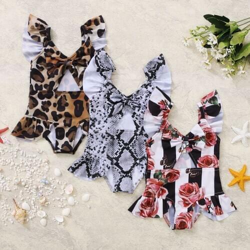 Summer Baby Kids Swimwear Leopard/Snake/Floral Print Ruffles V-Neck Hollow Out Monokini Baby Girl One Piece Swimsuit 0-4Years