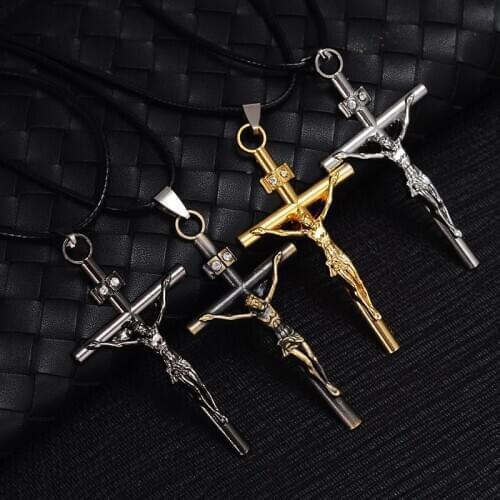 4 Color Metal Cross Necklace Men Pendant Catholic Crucifix Jewelry Accessories Rope Chain Gift