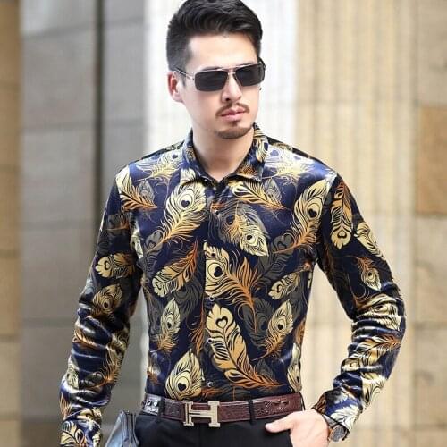 2017 New style Fashion Winter Mens thicken Gold Velvet Floral Shirt Man Long Sleeve print flowers Shirts