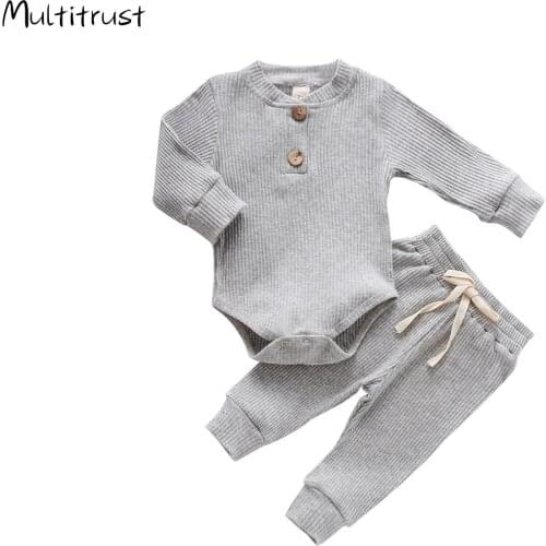 2020 Autumn Infant Baby Knit Outfits Suits Buttons Round Neck Long Sleeve Bodysuit Top + Elastic Long Pant 0-24M