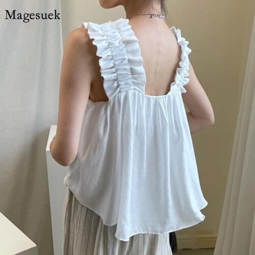 French Retro Women Blouses Korean Casual Harness Strap Summer Pleated Loose Backless Women Tops Ruffle Tank Tops Female 15179