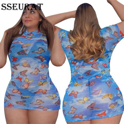 SSEURAT Plus Size Sexy Mesh Print Slim Skinny Dresses Summer New Short Sleeve Female Fashion Skinny Outfits
