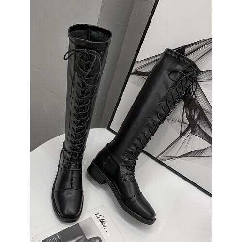 Womens shoes knight boots 2020 new winter plus velvet warmth thick heel temperament soft lace-up sleeve and knee boots