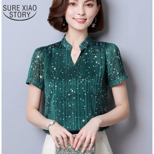 Fashion chiffon blouse womens 2019 short sleeve print office lady women shirts causal plus size womens tops and blouse 2065 50