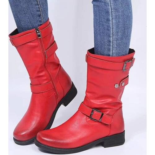 2021 Mid-Calf Boots Plus Size 43 Women Buckle Goth Boots Female Low Square Heel Zipper Leather Flat Shoes Red Black Grey Boots