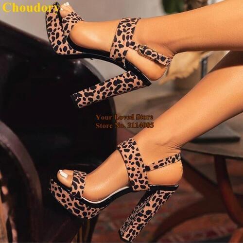Choudory Women Leopard Red Suede Chunky Heel Sandals Awesome Platform Party Shoes Buckle Strap Dress Pumps Big Size Dropship