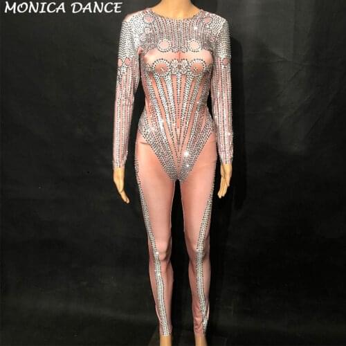 Sexy Stage Full Diamond Charcoal Sparkling Crystals Women Sexy Jumpsuit Nightclub Birthday Party Clothing Celebrate Stage Wear