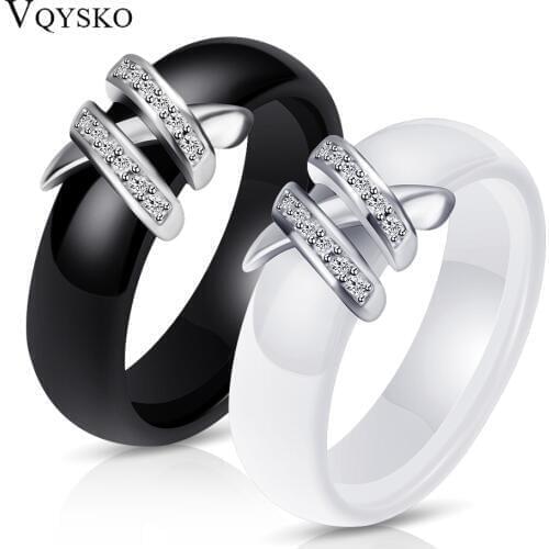 New Arrival 6mm High Quality Black And White Simple Style Two Line Crystal Ziron Ceramic Rings For Women Fashion Jewelry Gift