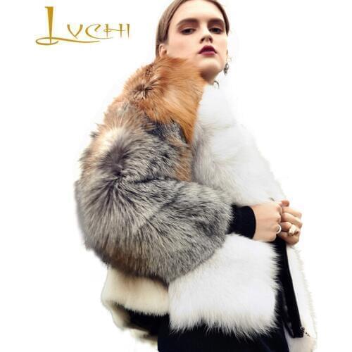 LVCHI Winter 2019 Real Fox Fur Coats Slim Real Natural Fox Fur Coat Womens O-Neck Short Causal Contrast Color Short Fox Coats