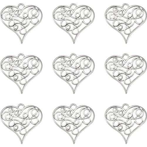 10pcs Alloy Filigree Heart Pendants Charms for Necklace Bracelets Jewelry Making DIY Accessories Silver Color 31.5x32x2mm