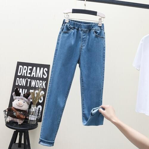 2021 New High Stretch Skinny Sexy Plus Size Women Mom Denim Pants High Waist Elastic Band Slim Pencil Pants Light Blue Black