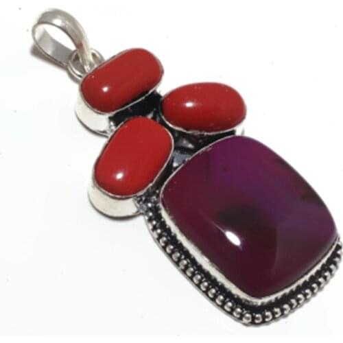 Agates + Coral Pendant Silver Overlay over Copper , 65 mm, P6896
