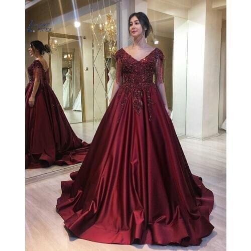 Burgundy Satin Evening Dresses with Beading Tassels V Neck vestidos de fiesta Applique Lace Up Prom Dress suknie wieczorowe
