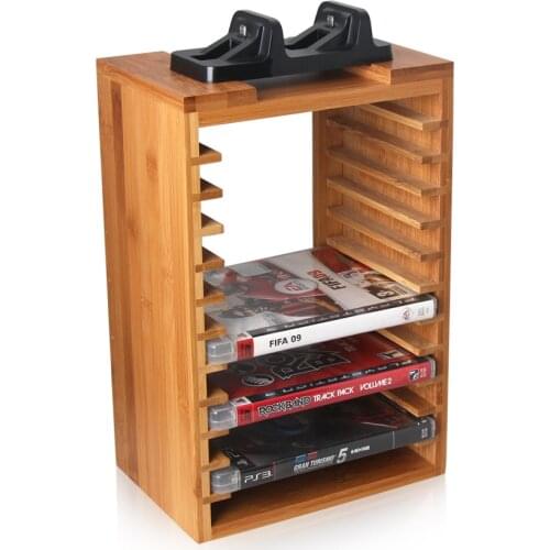 Bamboo Vertical Storage Stand 12 Game Disks CD Discs with Dual Charging Dock Charger Station for PS4 Slim Pro XboxOne S Console