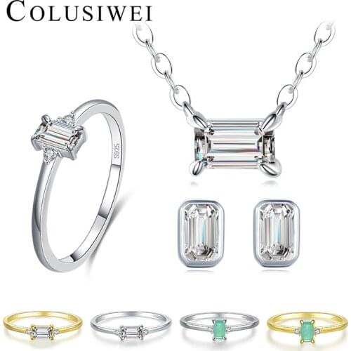 Colusiwei 925 Sterling Silver Emerald Cut Clear Cubic Zircon & Paraiba Tourmaline Necklace Earrings Rings For Women Jewelry Sets