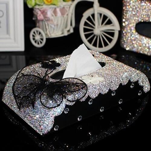 Lady Crystal Car Tissue Box Cover Diamond Covered Holder Lace Daskboard Block Paper Storage Car Interior Accessories For Women