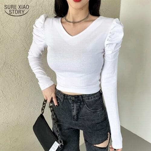 Elegant Tight-fitting Puff Sleeve V-neck Tops Inner Sweater Autumn Clothing Noble Long-sleeved T-shirt Bottom Shirts Women 16645