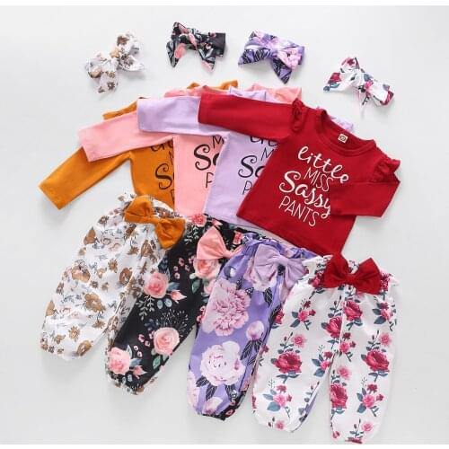 FOCUSNORM Baby Girl Clothes Sets 2021 Spring 3Pcs Outfits Colorful Flower Print Flying Long Sleeve T-shirt Elastic Waist Pants