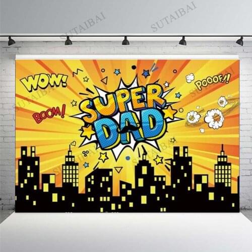 Happy Fathers Day Backdrop Super Dad City Building Yellow Photo Background Black Buildings Family Party Decorations Supplies