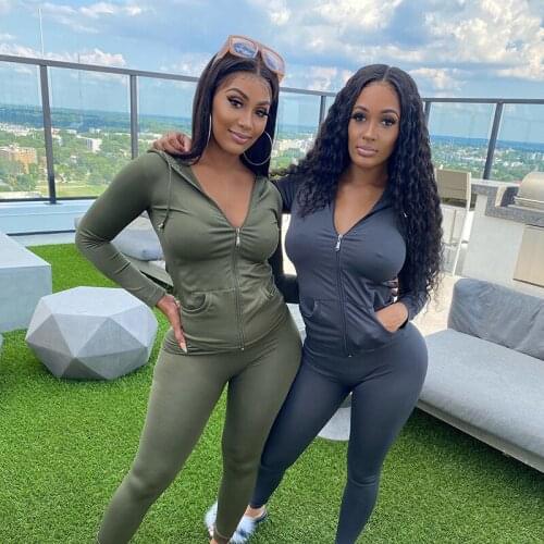 Two Piece Set Women Long Sleeve Hooded Zipper Pocket Sporty Matching Sets Bodycon Suit Club Outfits Tracksuit Female